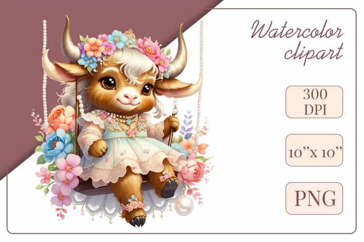 Cute Watercolor Little Cow, Clipart, Sublimation Design