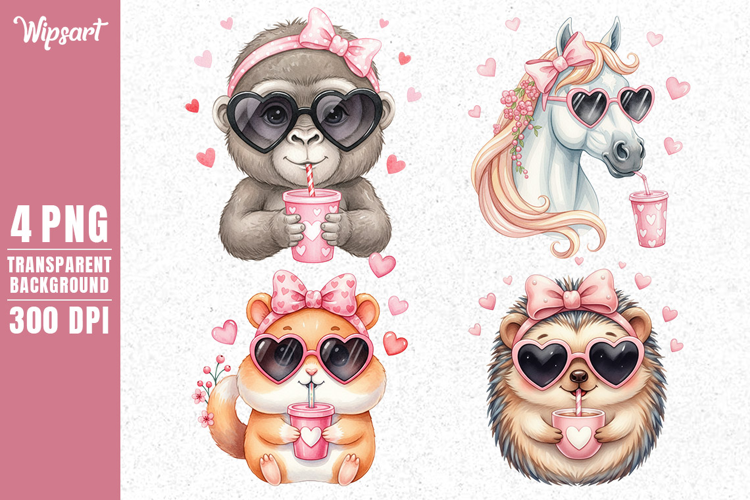 Cute Watercolor Animals with Heart Glasses PNG