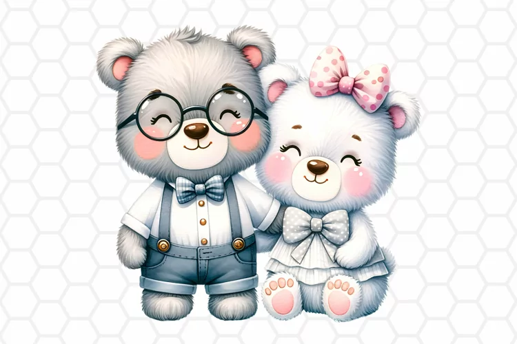 Cute Watercolor Bear Couple Clipart, Valentine Sublimation