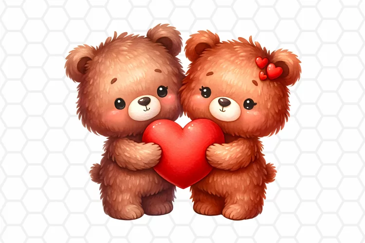 Cute Watercolor Bear Couple Clipart, Valentine Sublimation
