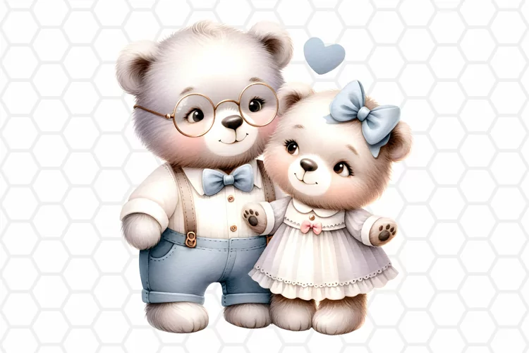 Cute Watercolor Bear Couple Clipart, Valentine Sublimation