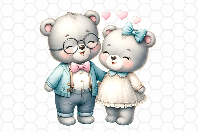 Cute Watercolor Bear Couple Clipart, Valentine Sublimation