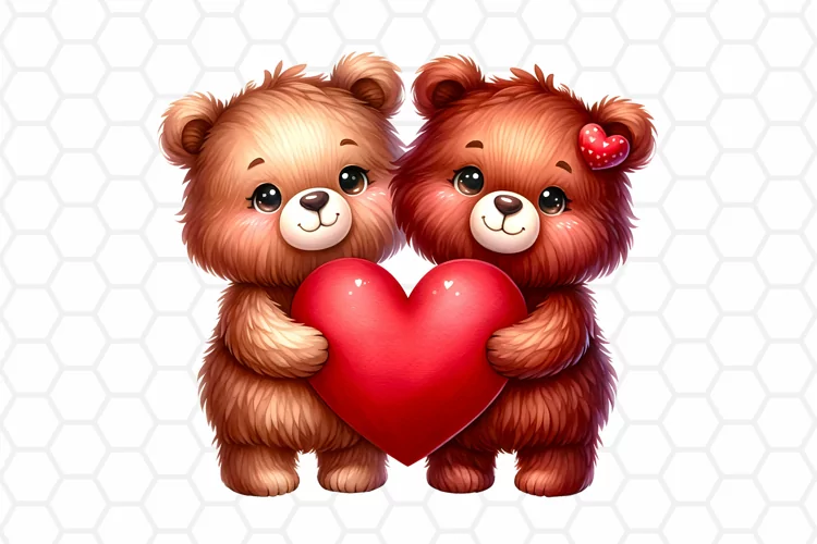 Cute Watercolor Bear Couple Clipart, Valentine Sublimation