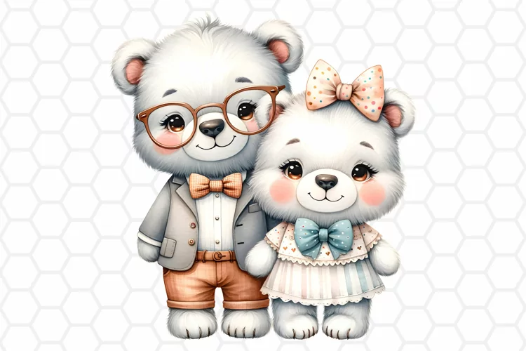 Cute Watercolor Bear Couple Clipart, Valentine Sublimation