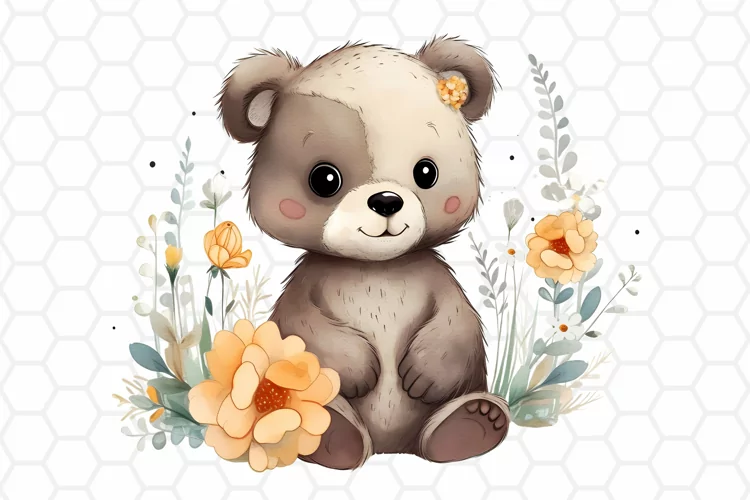 Cute Watercolor Bear Nursery Clipart, Sublimation PNG