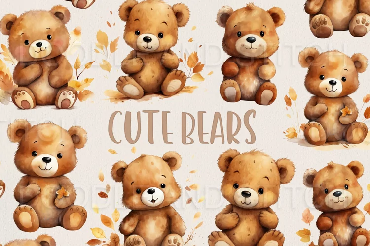 Cute Watercolor Bear Clipart Illustrations