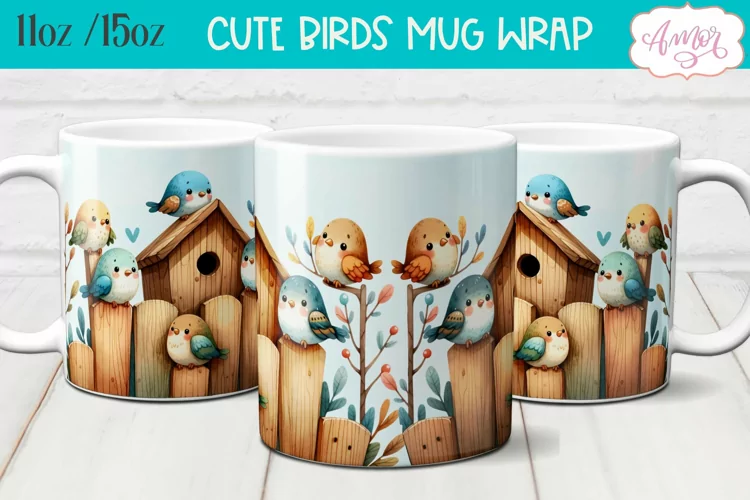 Cute watercolor birds mug wrap for sublimation 15oz 11oz