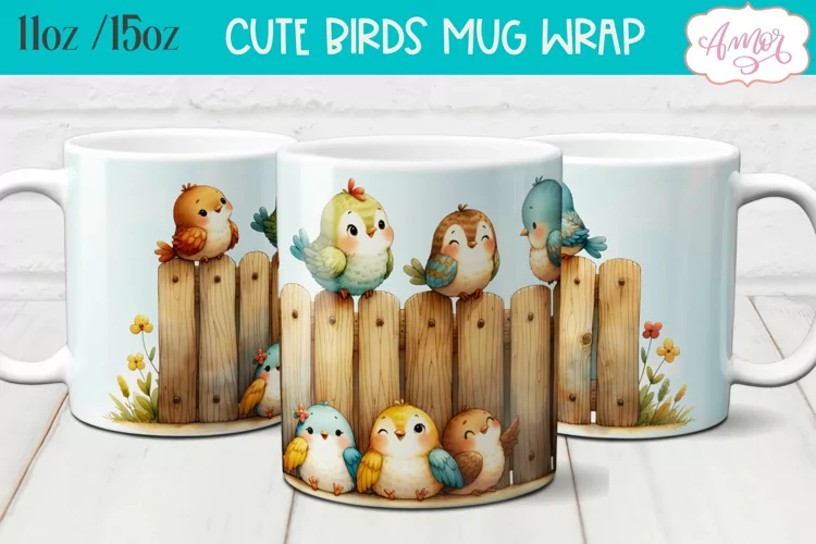 Cute watercolor birds mug wrap for sublimation 15oz 11oz