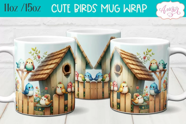 Cute watercolor birds mug wrap for sublimation 15oz 11oz