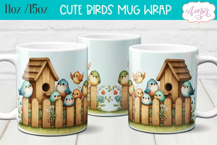 Cute watercolor birds mug wrap for sublimation