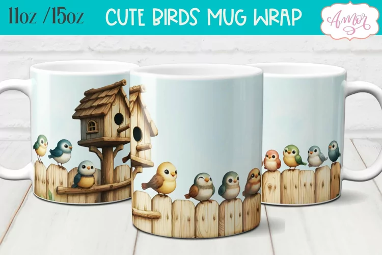 Cute watercolor birds mug wrap for sublimation 15oz 11oz