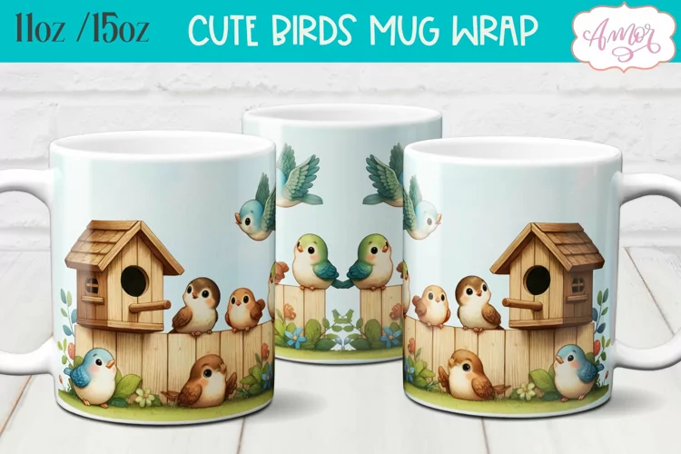 Cute watercolor birds mug wrap for sublimation 15oz 11oz