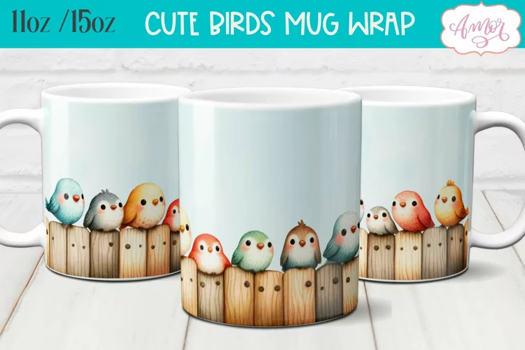 Cute watercolor birds mug wrap for sublimation 15oz 11oz