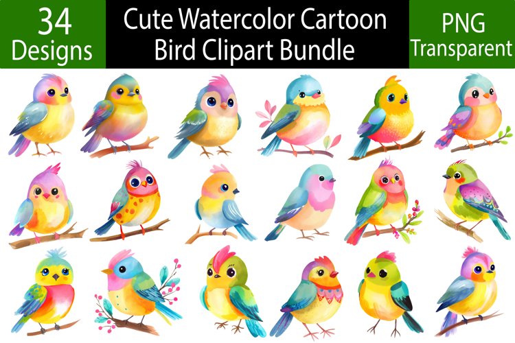 Watercolor Cartoon Bird Clipart Bundle PNG example image 1