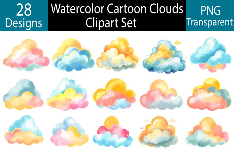 Cute Watercolor Cartoon Clouds Clipart Set PNG example image 1