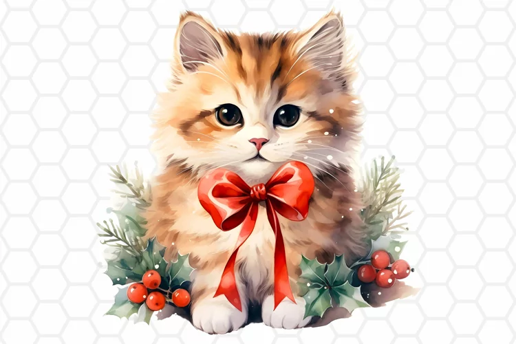 Cute Watercolor Christmas Cat Clipart, Sublimation PNG