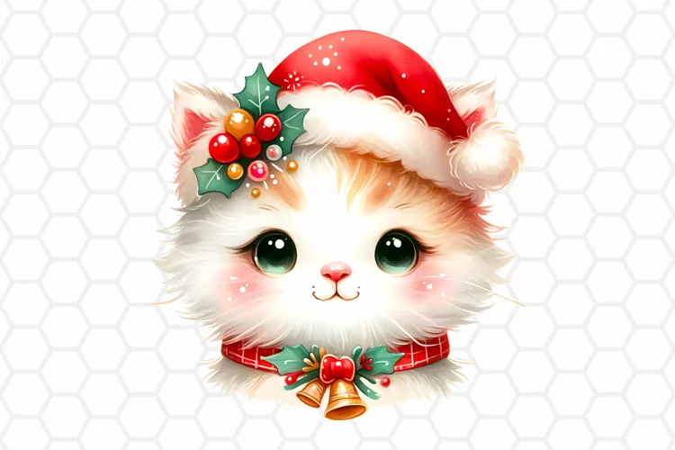 Cute Watercolor Christmas Cat Clipart, Sublimation PNG