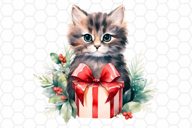 Cute Watercolor Christmas Cat Clipart, Sublimation PNG