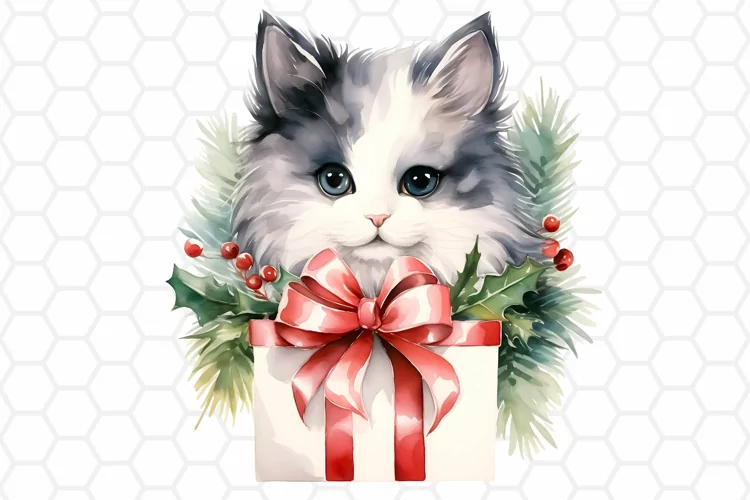 Cute Watercolor Christmas Cat Clipart, Sublimation PNG