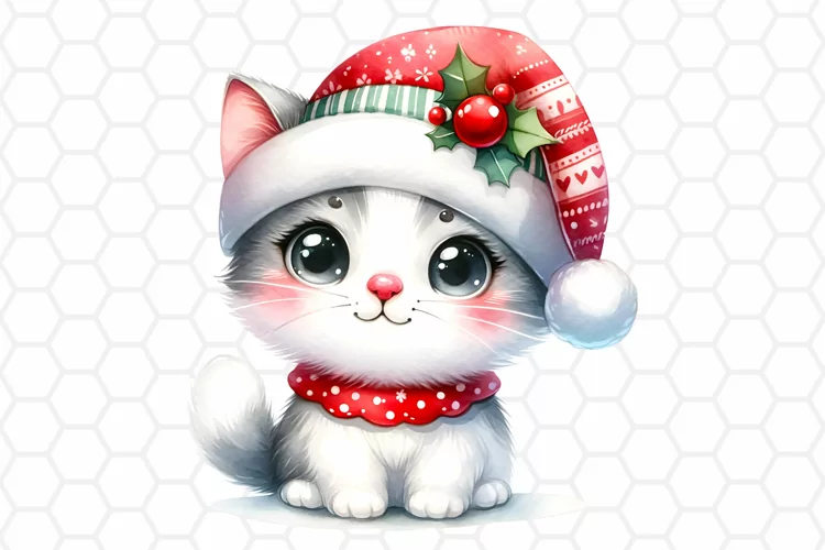 Cute Watercolor Christmas Cat Clipart, Sublimation PNG