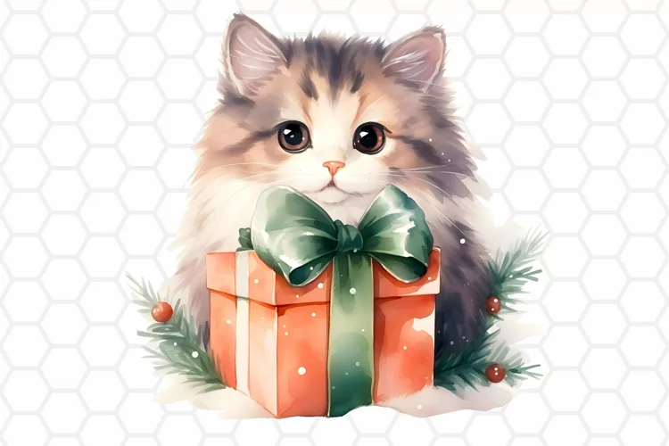Cute Watercolor Christmas Cat Clipart, Sublimation PNG