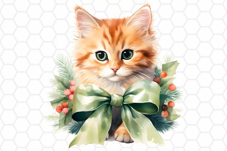 Cute Watercolor Christmas Cat Clipart, Sublimation PNG