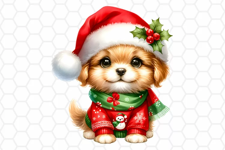 Cute Watercolor Christmas Dog Clipart, Sublimation PNG