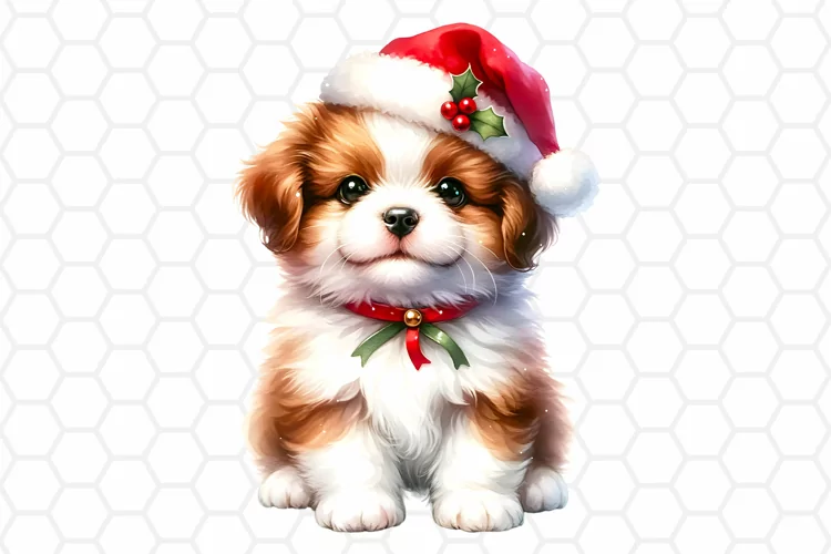 Cute Watercolor Christmas Dog Clipart, Sublimation PNG