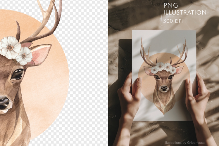 Hand-drawn Watercolor Deer Floral Portrait PNG Illustration