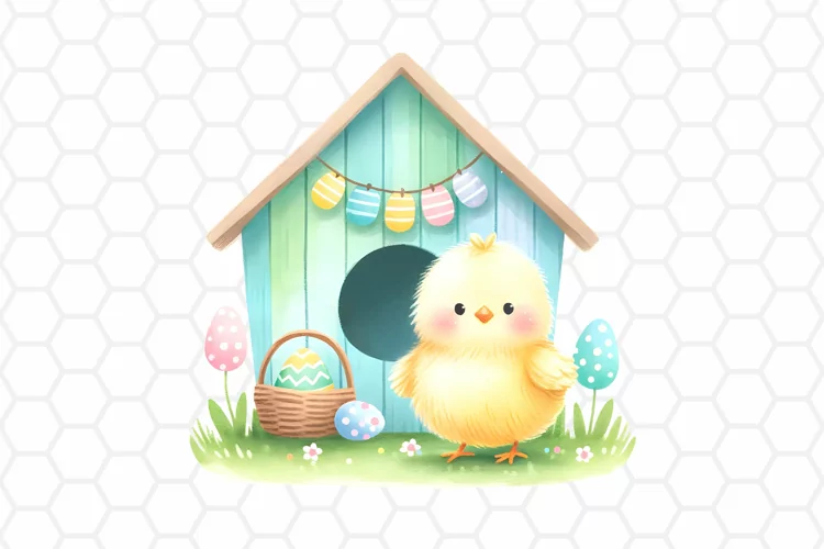 Cute Watercolor Easter Chick House Clipart, Sublimation PNG