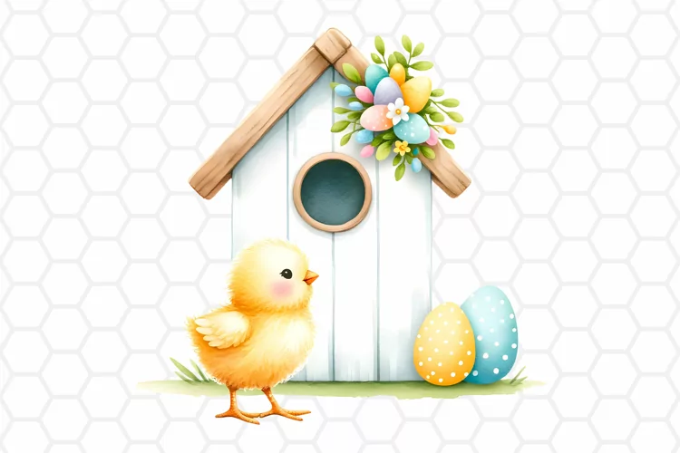Cute Watercolor Easter Chick House Clipart, Sublimation PNG