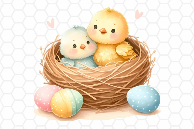 Cute Watercolor Easter Chick Nest Clipart, Sublimation PNG