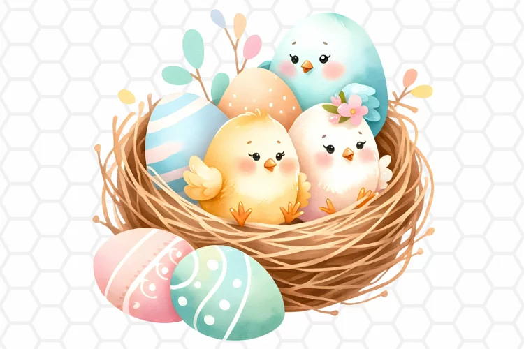Cute Watercolor Easter Chick Nest Clipart, Sublimation PNG