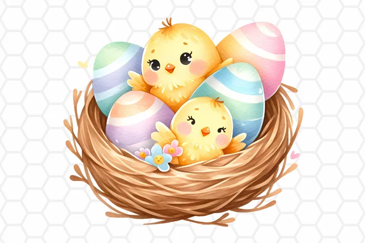 Cute Watercolor Easter Chick Nest Clipart, Sublimation PNG