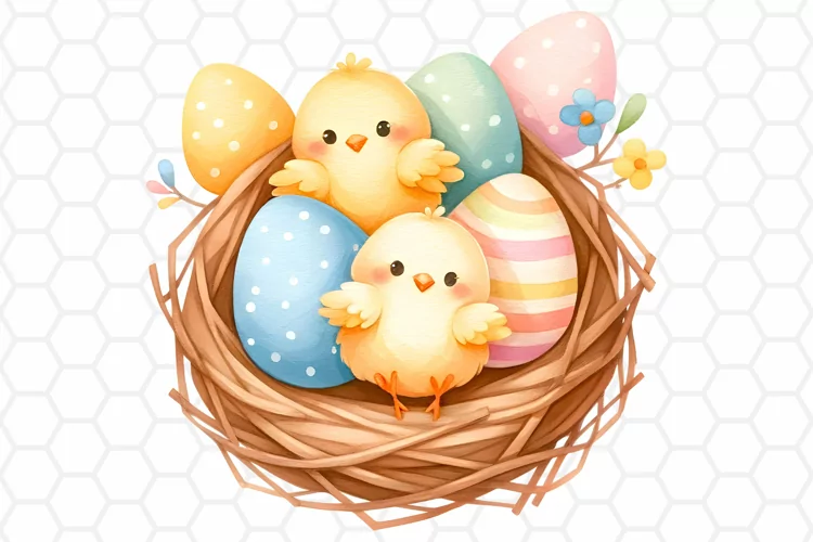 Cute Watercolor Easter Chick Nest Clipart, Sublimation PNG