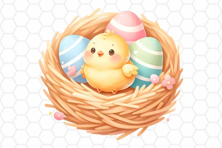Cute Watercolor Easter Chick Nest Clipart, Sublimation PNG