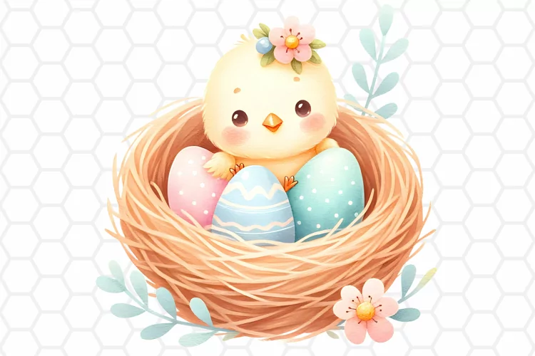 Cute Watercolor Easter Chick Nest Clipart, Sublimation PNG