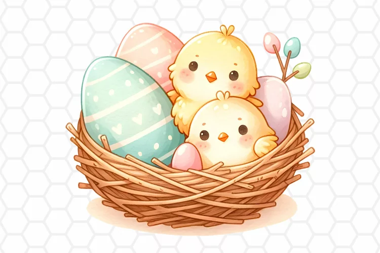 Cute Watercolor Easter Chick Nest Clipart, Sublimation PNG
