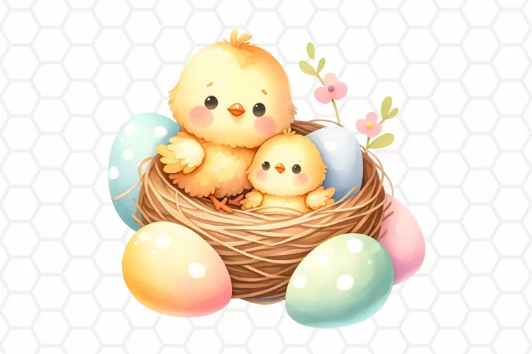 Cute Watercolor Easter Chick Nest Clipart, Sublimation PNG
