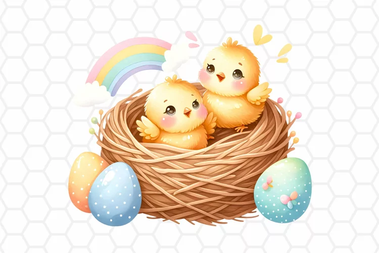 Cute Watercolor Easter Chick Nest Clipart, Sublimation PNG