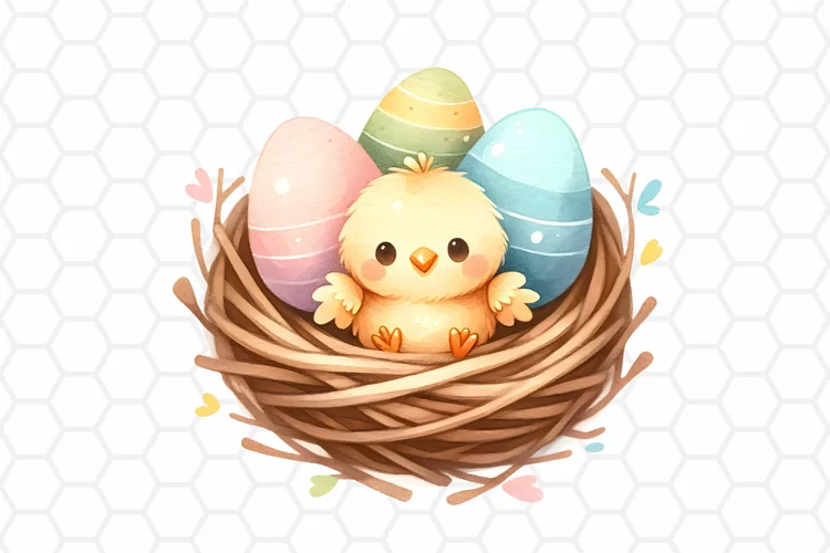 Cute Watercolor Easter Chick Nest Clipart, Sublimation PNG