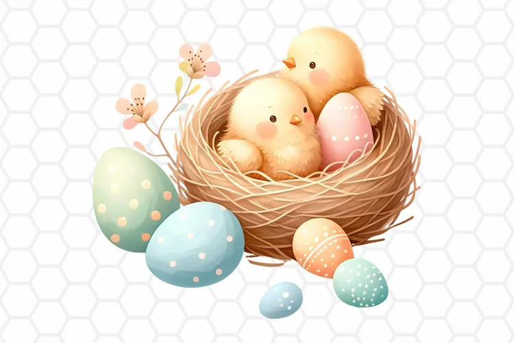 Cute Watercolor Easter Chick Nest Clipart, Sublimation PNG