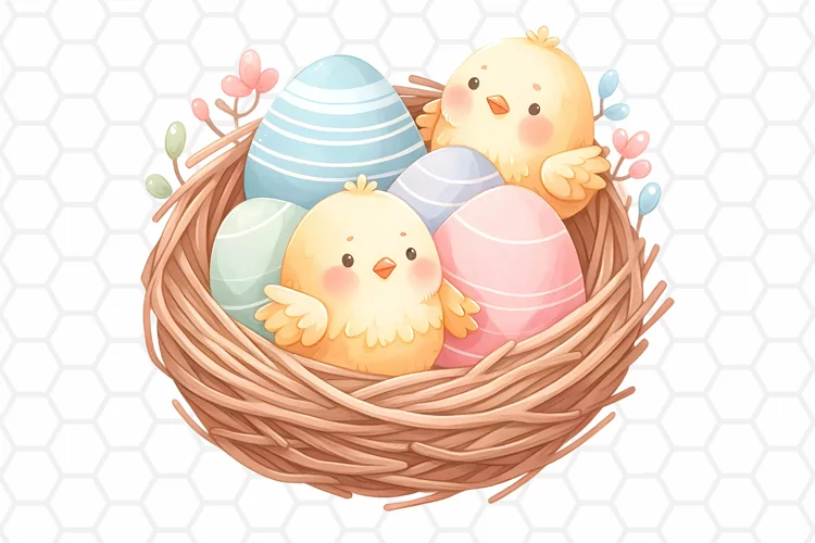 Cute Watercolor Easter Chick Nest Clipart, Sublimation PNG