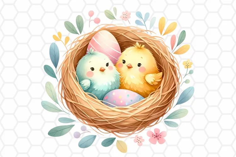 Cute Watercolor Easter Chick Nest Clipart, Sublimation PNG