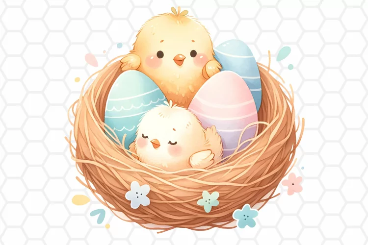 Cute Watercolor Easter Chick Nest Clipart, Sublimation PNG