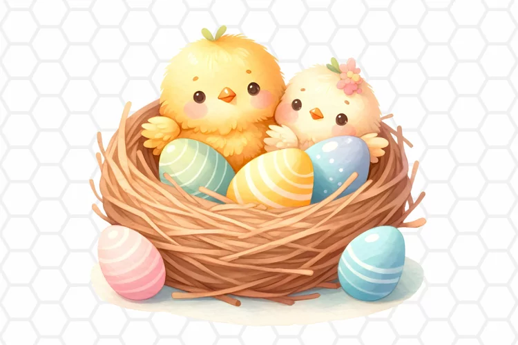 Cute Watercolor Easter Chick Nest Clipart, Sublimation PNG