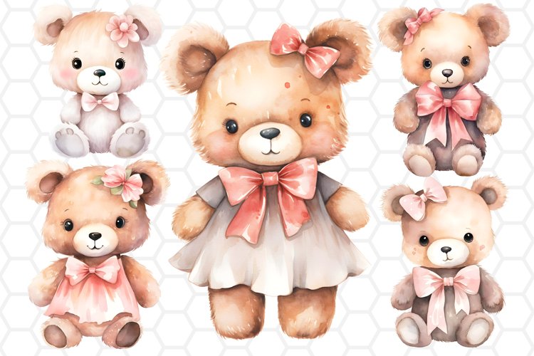 Cute Watercolor Girl Bear Cliparts, Sublimation PNG