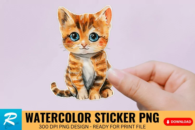 Cute Watercolor Kitten Sticker Clipart, Sticker PNG Clipart