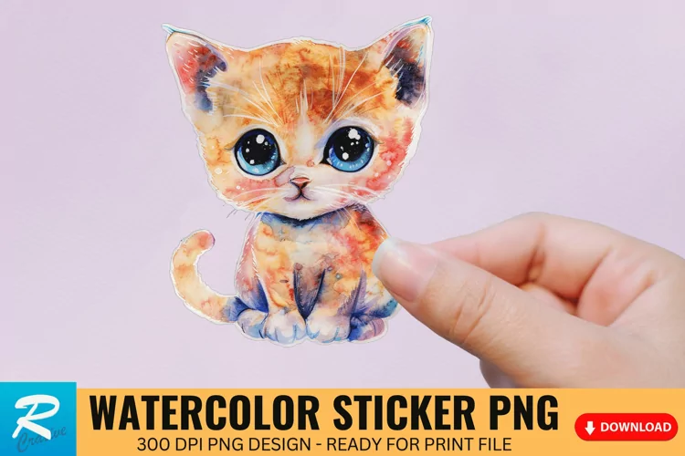 Cute Watercolor Kitten Sticker Clipart, Sticker PNG Clipart