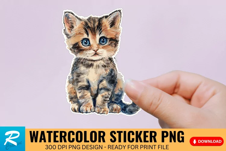 Cute Watercolor Kitten Sticker Clipart, Sticker PNG Clipart